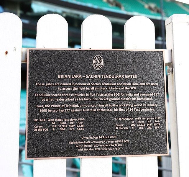 Sachin Tendulkar and Brian Lara's gate was unveiled at the Sydney Cricket Ground on 24 April 2023